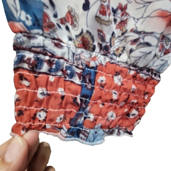 XL Multicolor Floral V Neck Drawstring Waist String Tie Long Sleeve Blouse - Picture 4 of 9